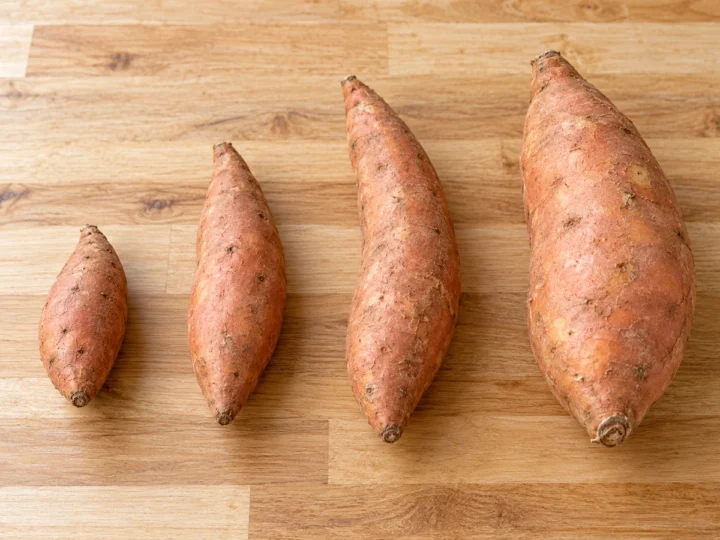Small, medium, large, and very large sweet potatoes in a row from smallest to largest.