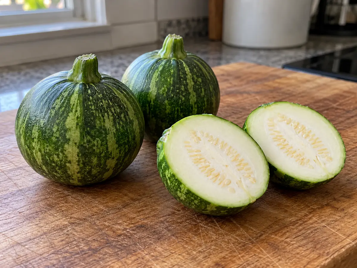 Round dark green Tatume squash with light green mottled stripes, one cut in half to show pale flesh and seeds