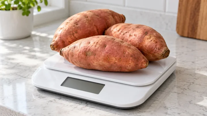 Three medium sweet potatoes on a digital kitchen scale.
